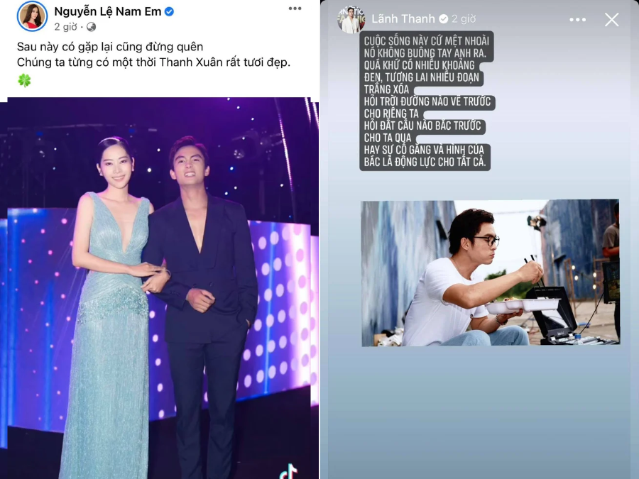 Giữa lúc lời chia sẻ của Sơn Tùng được cho là nhắn gửi đến bạn gái Thiều Bảo Trâm thì Nam Em cũng chọn thời điểm này để đăng status ngầm thông báo chia tay Lãnh Thanh. Cô mượn lời Sơn Tùng ghép vào clip tập hợp những hình ảnh đẹp của cô và Lãnh Thanh. Đặc biệt, người đẹp còn bày tỏ: 
