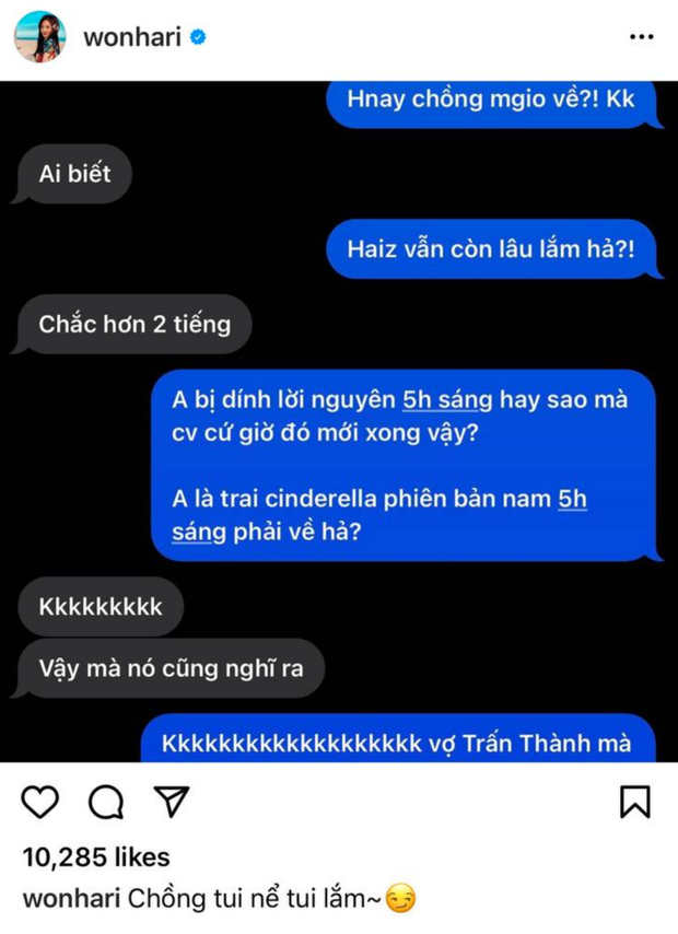 Hari Won tung tin nhắn cực tình cảm và ngọt ngào với ông xã Trấn Thành. Trấn Thành phải chạy show nên Hari Won ở nhà chờ chồng. Cách bà xã Trấn Thành 