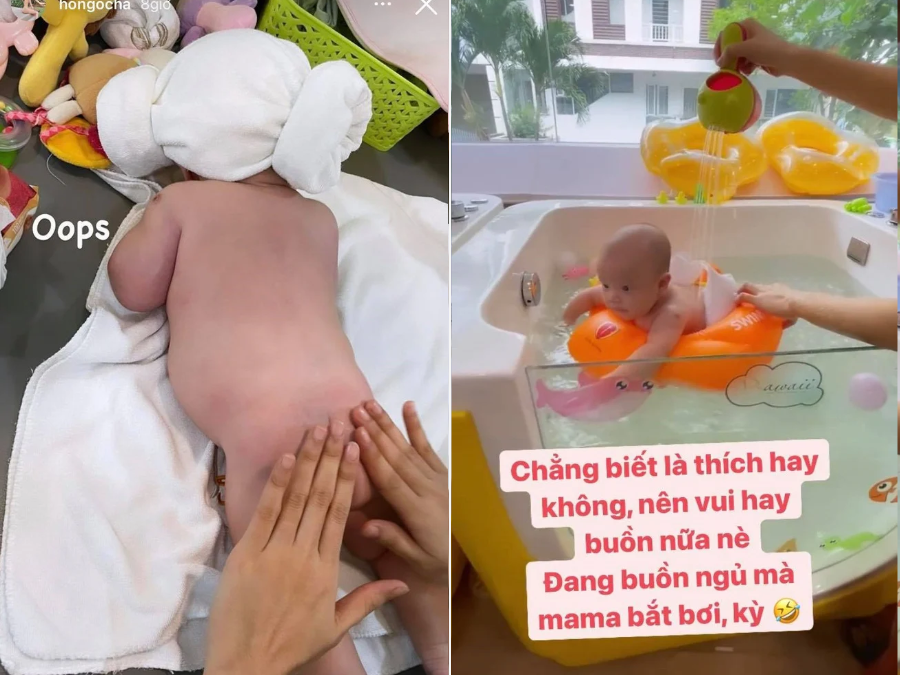 Mới đây, Hồ Ngọc Hà đăng tải hình ảnh nhóc tỳ Leon 3 tháng tuổi trong bể bơi. Cậu bé có thân hình mũm mĩm, da dẻ hồng hào ai cũng xuýt xoa. Khi đăng ảnh các bé lên mạng xã hội cũng không giấu được sự phấn khích trước vẻ dễ thương, kháu khỉnh của con.
