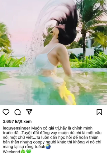 Lệ Quyên đang vui vẻ và hạnh phúc bên cạnh tình trẻ Lâm Bảo Châu. Tuy nhiên, chiều ngày 12/3, Lệ Quyên bỗng đăng tải triết lí sống đầy ẩn ý. Cô ghi dòng chú thích: 