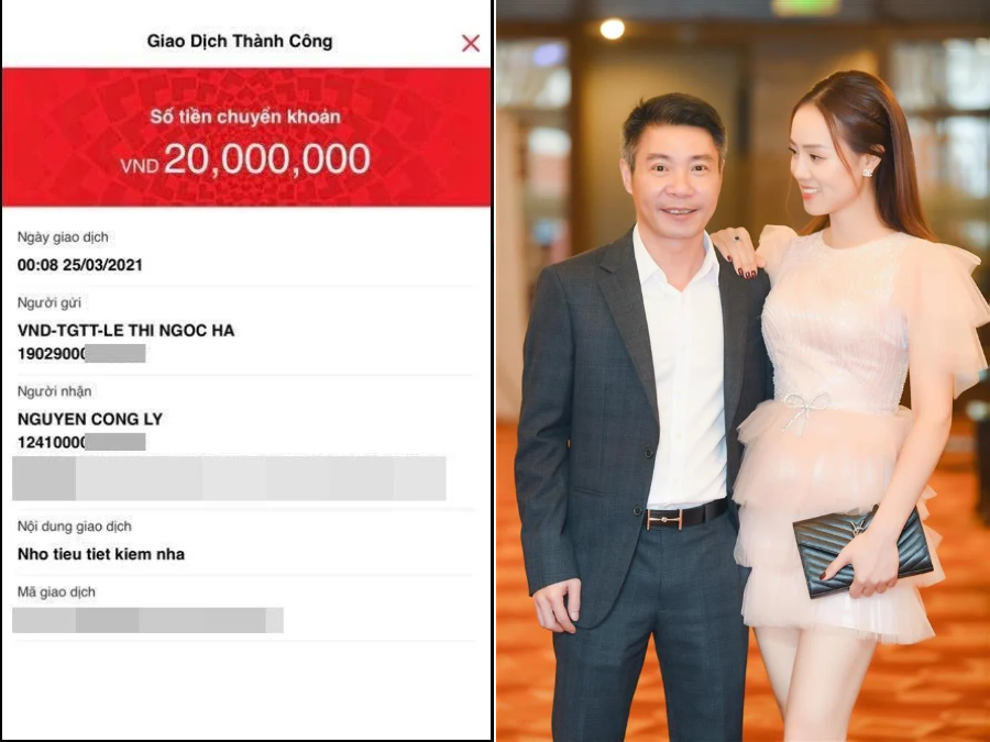Mới đây, bà xã Công Lý – Ngọc Hà – chia sẻ câu chuyện đời thường. Cụ thể ông xã đòi tiền, cô lập tức đáp ứng. Cô còn khoe ảnh chụp màn hình giao dịch chuyển khoản cho Công Lý, khiến nhiều chị em phải trầm trồ. 