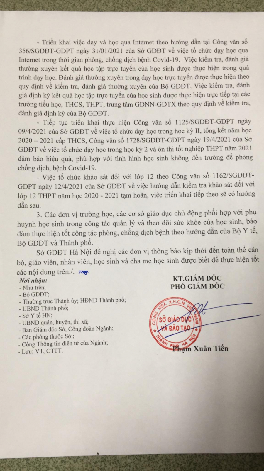 Công văn của Sở GD&ĐT TP.Hà Nội