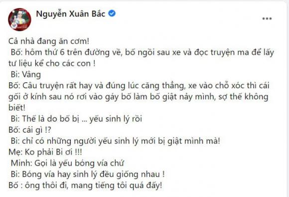 Mới đây, nghệ sĩ Xuân Bắc kể về câu chuyện trong bữa cơm Shbet111 slot, casino, thể thao, xổ số của mình, đặc biệt là việc Bi Béo dùng sai từ. Dưới bình luận, danh hài Xuân Bắc còn hài hước viết: 