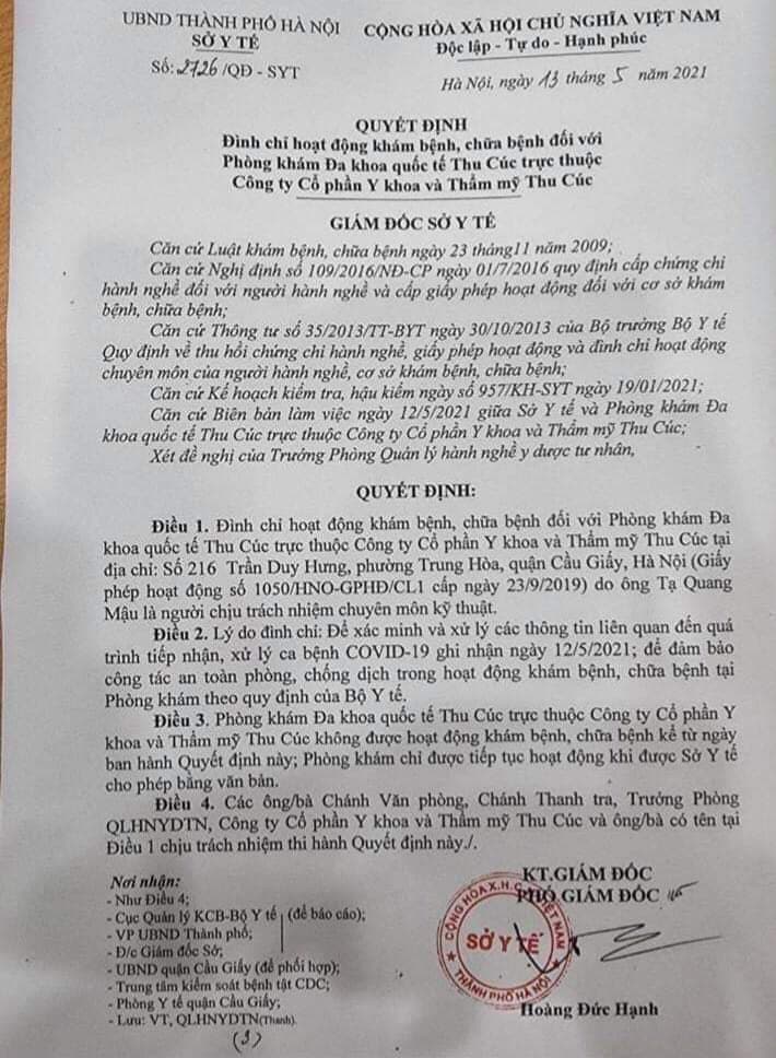 UBND TP.Hà Nội quyết định đình chỉ hoạt động Phòng khám đa khoa quốc tế Thu Cúc vì phát hiện bệnh nhân Covid-19 nhưng từ chối tiếp nhận