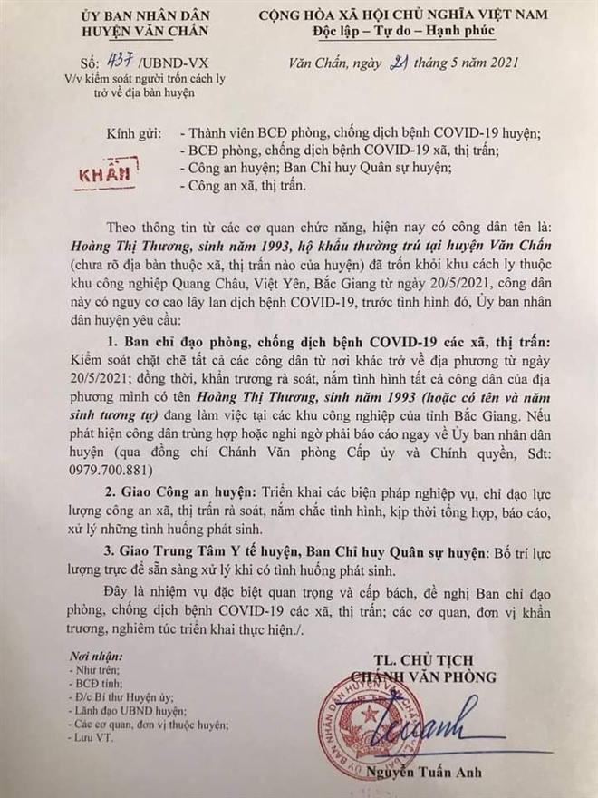 Công văn khẩn của UBND huyện Văn Chấn (Ảnh: VTC News)