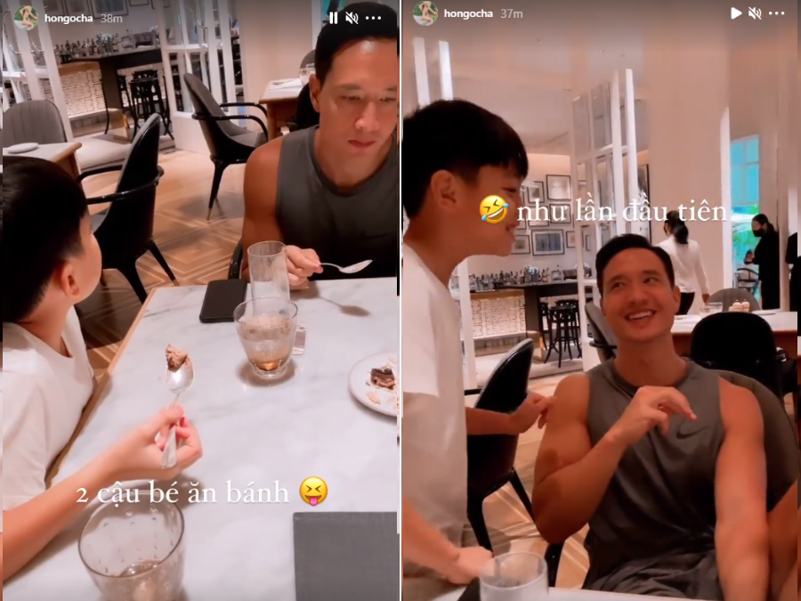 Vẻ mặt hào hứng của Subeo và Kim Lý khi chờ bánh ngọt khiến netizen thích thú.