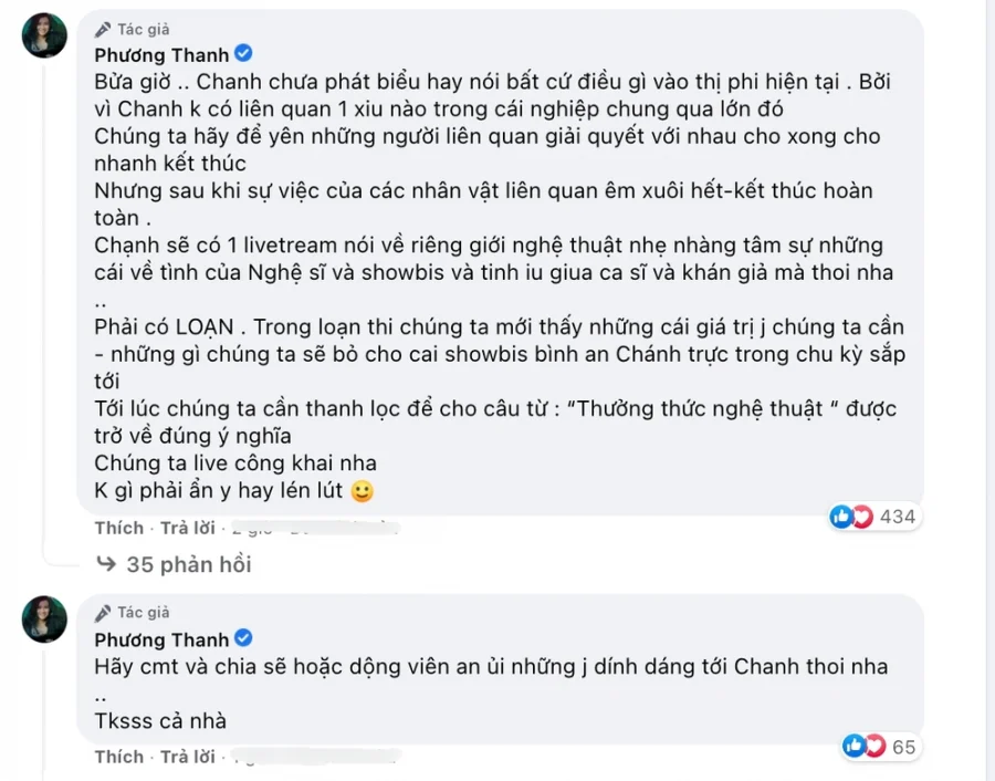 Những nghi vấn không minh bạch của các sao Việt trong chiến dịch từ thiện giúp đỡ người dân miền Trung đang gây xôn xao. Mới đây, Phương Thanh đã có bài viết thông báo khi được fan lo lắng bị cuốn vào thị phi. Phương Thanh chọn cách không liên quan đến 