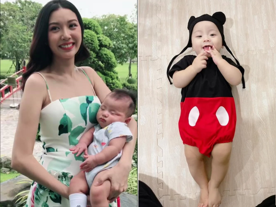 Á hậu Thúy Vân đã đăng tải bức ảnh dễ thương của con trai Nhật Tôn diện bộ đồ chuột Mickey và ngồi tạo dáng chống cằm, môi hờ hững trông vô cùng điệu đà. Cô còn thừa nhận bị 