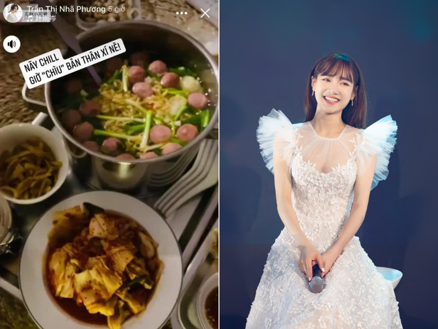 Nhã Phương đăng ảnh pha trà tận hưởng rất thoải mái, nữ diễn viên còn bày cả bàn đồ ăn gồm mì gói, kim chi… để ăn khuya. Đây đều là đồ dễ tăng cân, trong khi cô là mỹ nhân ám ảnh cân nặng, luôn duy trì chế độ tập luyện khắc nghiệt. Rất có thể đồ ăn khuya này do Trường Giang chuẩn bị cho Nhã Phương. Bản thân Nhã Phương thừa nhận khó lòng giảm cân, có khi còn tăng 1 kg trong 2 ngày vì ông xã chăm quá khéo. Nhưng dù gì đi nữa, màn ăn thả phanh không lo tăng cân này của Nhã Phương cũng làm người hâm mộ thích thú và chờ đợi ngày Nhã Phương xuất hiện với diện mạo đầy đặn hơn sau những ngày bị nói gầy gò đáng báo động.