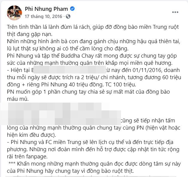 Bài viết kêu gọi từ thiện của nữ ca sĩ vào năm 2016