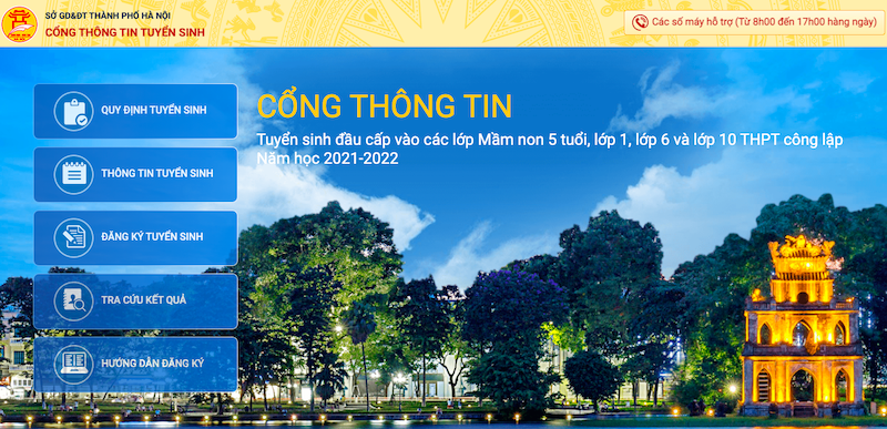 Hình ảnh trang Cổng thông tin tuyển sinh của Thành phố Hà Nội năm học 2021-2022