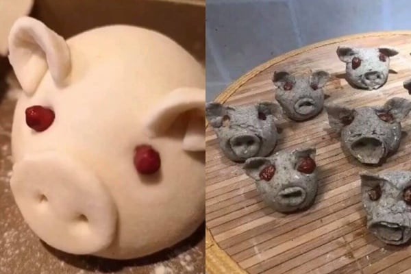 Chiếc bánh trước và sau khi hấp chín của cô gái.