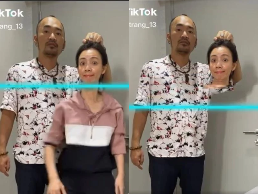 Diễn viên Tiến Luật đăng tải clip Tiktok hài hước với vẻ mặt lạnh lùng dùng tay nắm đầu bà xã. Tuy nhiên trong phút chốc, thân thể Thu Trang bỗng biến mất, chỉ còn phần đầu. Anh viết: 