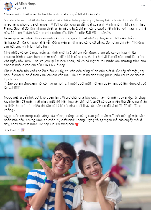 Hơn 1 năm từ ngày mất của cố diễn viên Mai Phương, MC Lê Minh Ngọc, một người em đồng nghiệp của Mai Phương đã hồi ức lại khoảnh khắc tươi đẹp cùng cô khiến nhiều người xúc động.