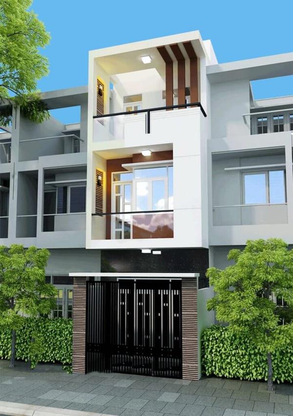 Mẫu nhà ống 3 tầng 5m có cách thiết kế hình khối đơn giản với điểm nhấn là tấm chắn ban công bằng kính giúp tận dụng triệt để ánh sáng tự nhiên.