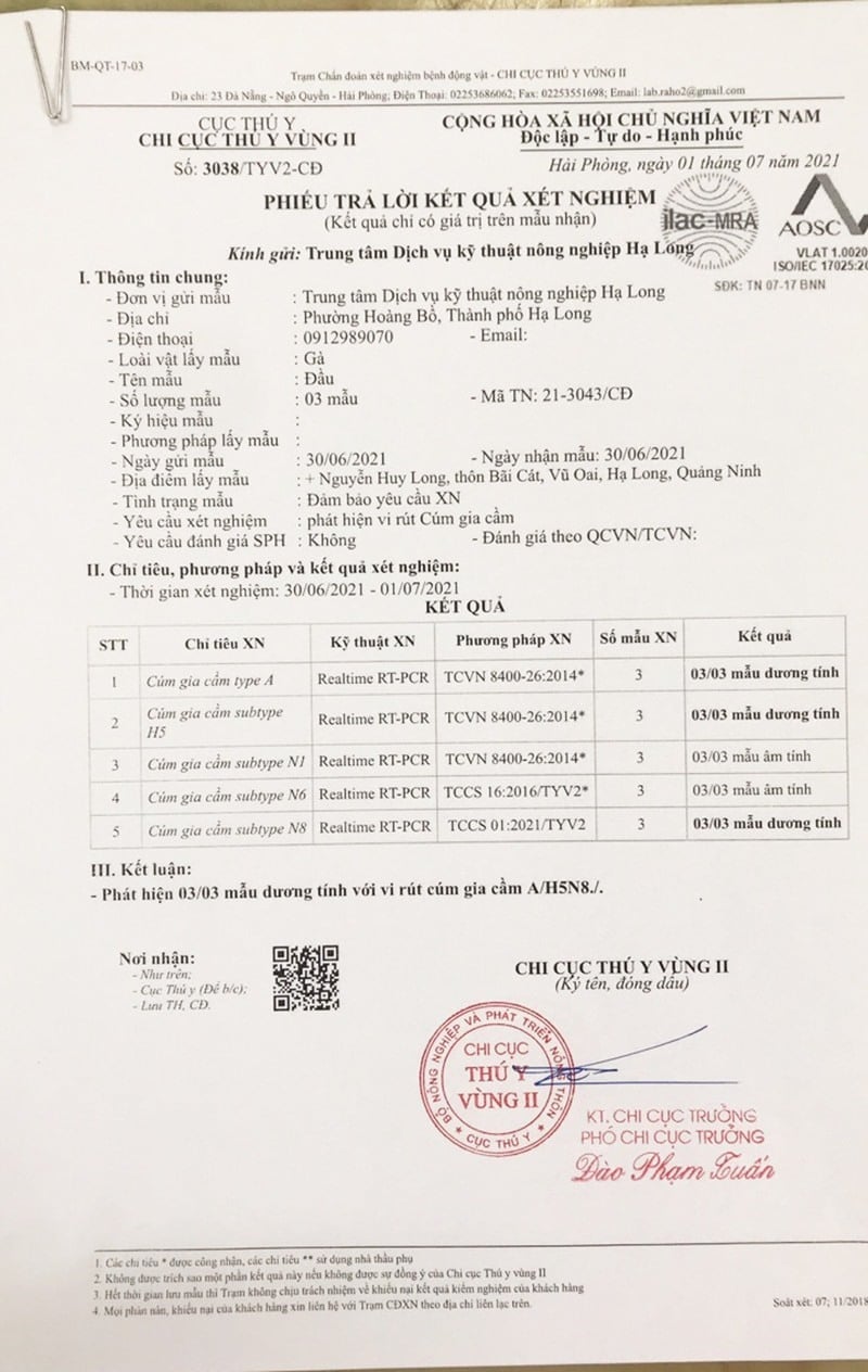 Mẫu trả kết quả xét nghiệm của Chi cục thú y vùng II ghi nhận 3 mẫu dương tính với virus cúm gia cầm A/H5N8 tại một hộ chăn nuôi (Ảnh: LĐO )