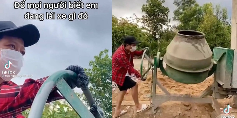 Không phải mui trần bạc tỷ, chiếc vô lăng anh cầm là bộ phận quay trộn của máy trộn hồ.