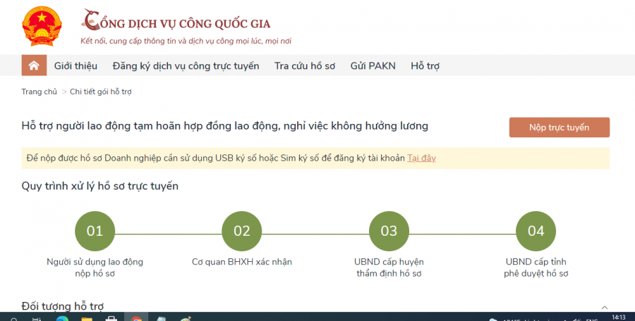 Tuỳ từng đối tượng sẽ kích vào các mục khác nhau để được hướng dẫn và thực hiện trên Cổng  Dịch vụ công quốc gia