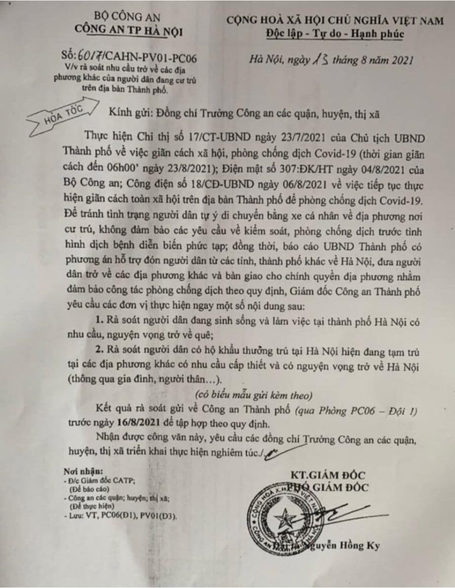 Công văn của Bộ Công an Hà Nội về việc rà soát người dân muốn về quê/trở lại TP (Ảnh: Thời sự - HaNoitv)