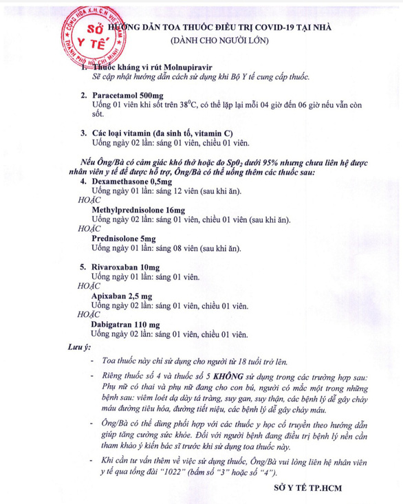 Hướng dẫn toa thuốc điều trị Covid-19 tại nhà dành cho người lớn của Sở Y tế TP. HCM ban hành.