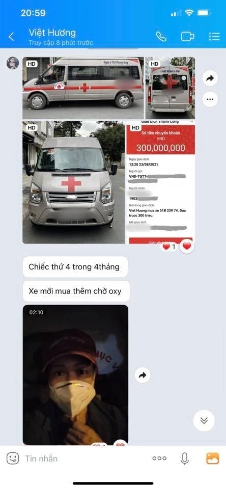 Việt Hương tiết lộ đã mua chiếc xe cứu thương thứ 4. Trong đêm mưa, hai vợ chồng Hoài Phương cùng tài xế chở oxy cho bệnh nhân khi họ cần gấp. Chỉ trong một thời gian ngắn mà cặp đôi đã chi hơn 3 tỷ đồng để lấy về các phương tiện cấp cứu cần thiết cho người dân trong mùa dịch. Dù trời mưa, giữa đêm nhưng họ vẫn không ngại khó khăn mà đích thân hỗ trợ hết mình. Nữ nghệ sĩ chia sẻ: 