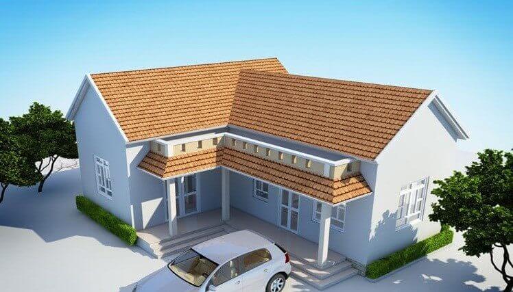 Mẫu nhà cấp 4 chữ L này chừa 1 khoảng sân để xe ô tô hoặc sân chơi. Căn nhà mái ngói gợi lên cảm giác ấm áp ngay từ ánh nhìn đầu tiên  