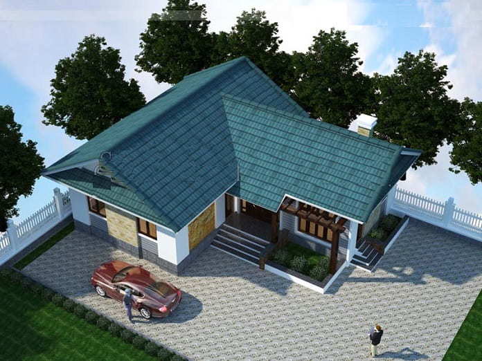 Phần ngoại thất bên ngoài rất hài hòa giữa màu xanh của cây cỏ cùng màu xanh của mái ngói đem lại cảm giác mát mẻ quanh năm  