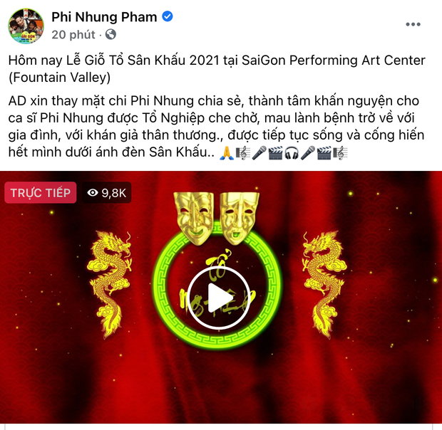 Mới đây, trước 1 ngày diễn ra lễ giỗ tổ, Facebook chính chủ của Phi Nhung đã có động thái đầu tiên sau 22 ngày điệu trị Covid-19. Người phụ trách đã chia sẻ đoạn clip livestream hướng về ngày giỗ tổ và cầu nguyện cho nữ ca sĩ mau chóng vượt qua bệnh tật. Dưới phần bình luận, bạn bè và người thân liên tục hỏi thăm và động viên cô.
