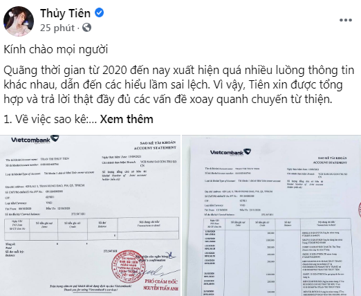 Thủy Tiên và Công Vinh đã có mặt ở ngân hàng để sao kê toàn bộ giấy tờ liên quan đến đợt từ thiện miền Trung 2020. Vì thời gian không cho phép nên hai vợ chồng cô chỉ tổng hợp một vài ý chính trong các bản sao kê. Cho đến mới đây, cô mới trực tiếp đăng tải link sao kê cụ thể lên Facebook. Qua đây cô cũng giải đáp thắc mắc từng điểm bất thường cũng như những hiểu lầm sai lệch trong suốt thời gian qua về vấn đề tiền từ thiện. Thuỷ Tiên khẳng định vẫn sẽ tiếp tục công việc thiện nguyện, nhưng sẽ không kêu gọi tiền từ thiện từ cộng đồng nữa. Đồng thời cho biết đang hoàn thiện thủ tục pháp lý khởi kiện một số cá nhân tung tin đồn gây ảnh hưởng đến hai vợ chồng cô (cho dù là doanh nhân, CEO, hay những người có địa vị cao trong xã hội).