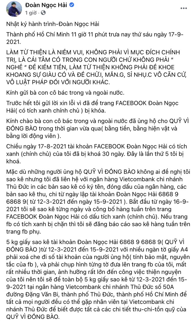 Bài đăng trên trang cá nhân của ông Đoàn Ngọc Hải 