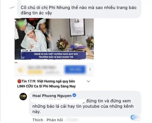 MXH lan truyền việc Phi Nhung không qua khỏi vì Covid-19. Mới đây, ông xã Việt Hương đã chia sẻ về việc này. Cụ thể, trên mạng xã hội xuất hiện loạt tin đồn có tiêu đề: 