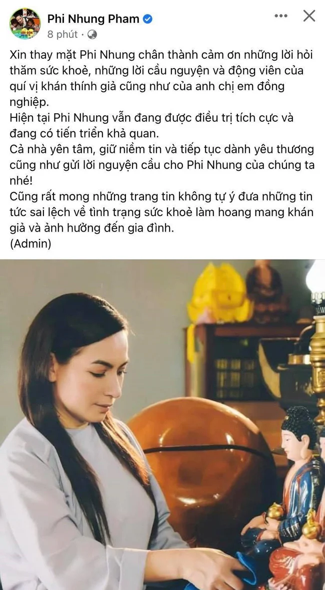Mới đây, trang fanpage của Phi Nhung đã có thông báo về tình hình sức khỏe của nữ ca sĩ, đồng thời gửi lời cảm ơn đến sự quan tâm của khán giả, bác bỏ những tin đồn thất thiệt về bệnh tình của cô.