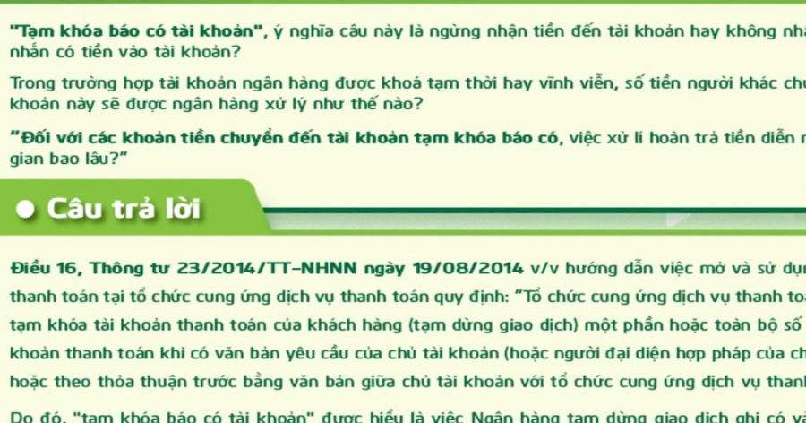 Giải thích từ Vietcombank về khái niệm nghiệp vụ “tạm khoá báo có“. Ảnh chụp màn hình  