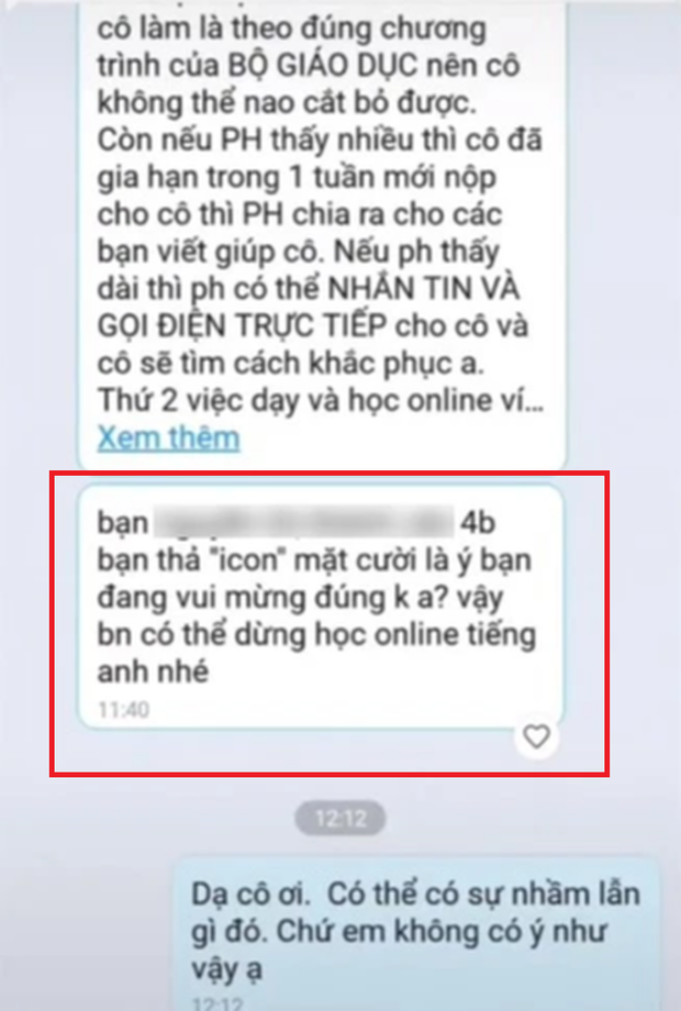 Tin nhắn thể hiện thái độ bức xúc của cô giáo khi học sinh thả icon mặt cười vào tin nhắn giao bài tập.