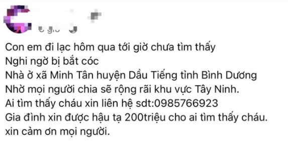 Người cha đăng tin tìm con trai mất tích trên mạng xã hội, mong được cộng đồng mạng chia sẻ rộng rãi.