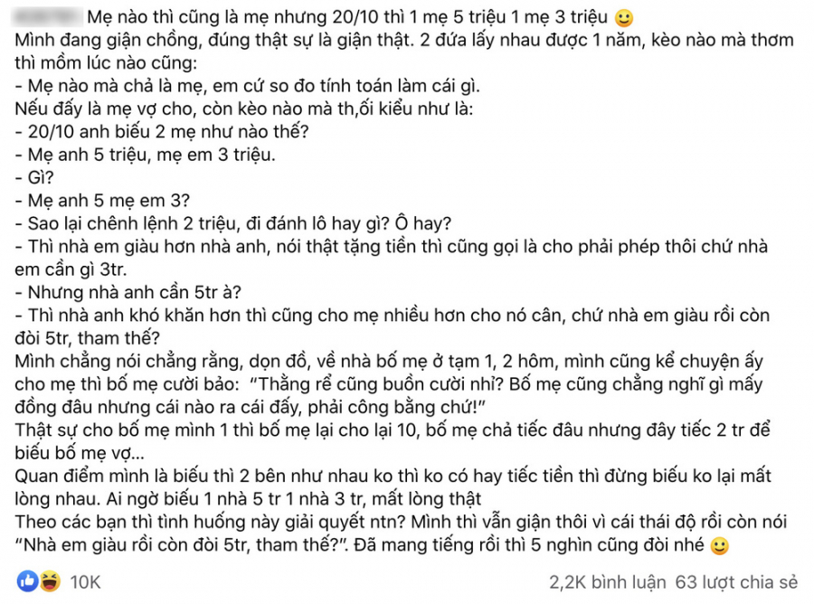 Câu chuyện quà 20/10 của cặp vợ trồng trẻ làm cư dân mạng xôn xao.