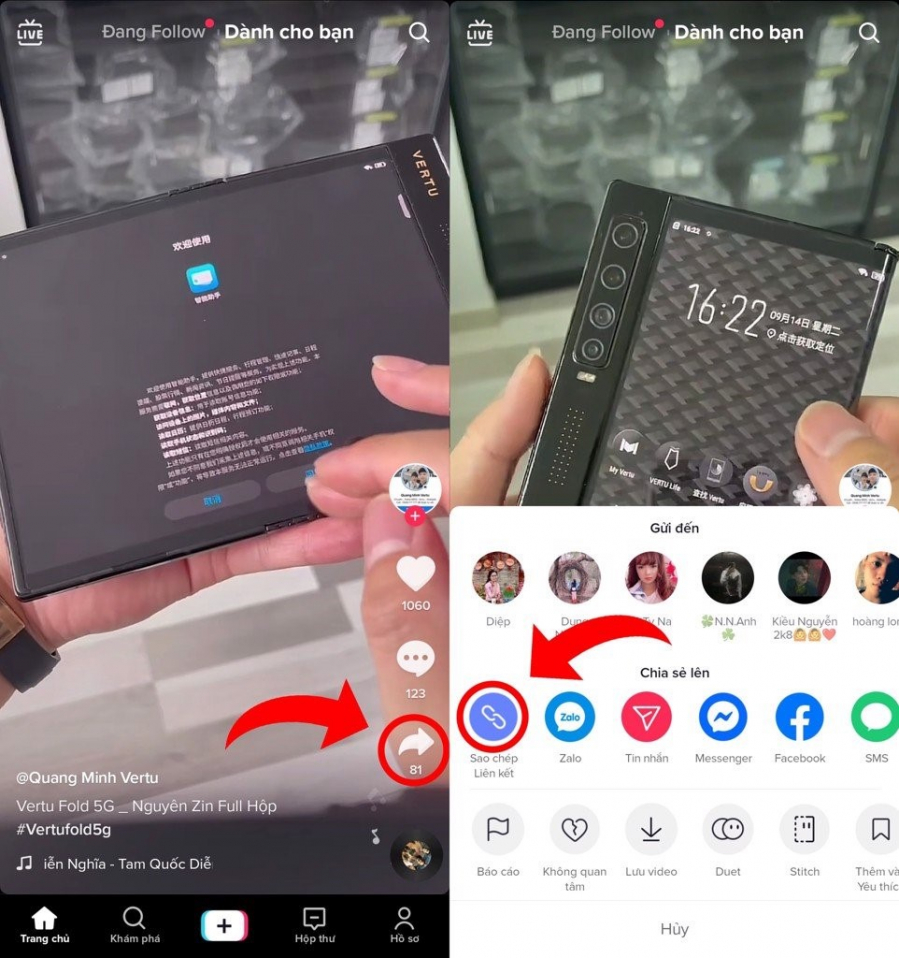 Sao chép liên kết video muốn tải về điện thoại