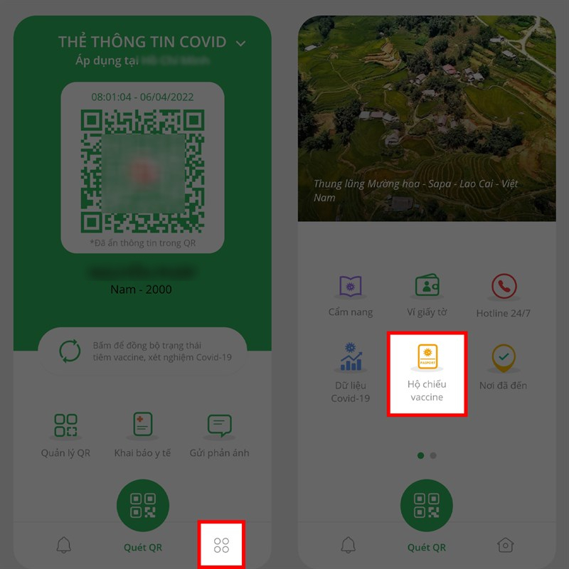 Sau khi ấn vào phần Hộ chiếu vaccine trên ứng dụng PC-Covid, thông tin về các mũi tiêm, mã QR của người dân sẽ được hiện thị.
