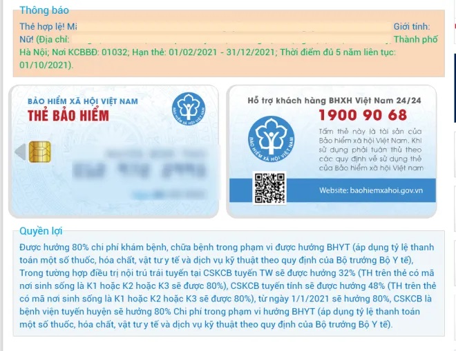 Kết quả sẽ trả về thông tin về thời hạn sử dụng thẻ BHYT, mức hưởng BHYT.