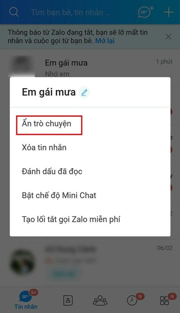 Sau khi ẩn, cuộc trò chuyện sẽ không còn hiển thị trong mục tin nhắn chung nữa.    