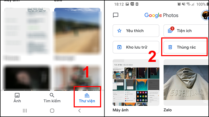 Truy cập vào Google Photos và chọn mục Thùng rác.