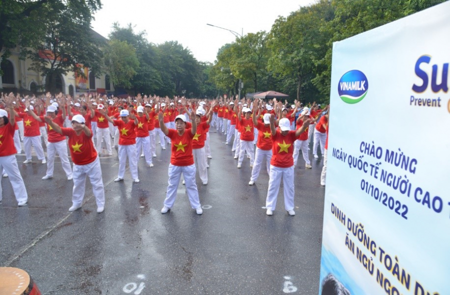 Không khí tươi vui và sôi động tại khu vực Hồ Gươm với các màn đồng diễn thể dục dưỡng sinh đẹp mắt của người cao tuổi