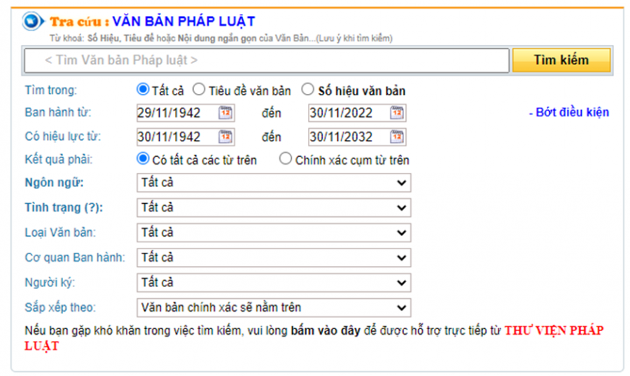 Giao diện tra cứu văn bản pháp luật của Thư Viện Pháp Luật