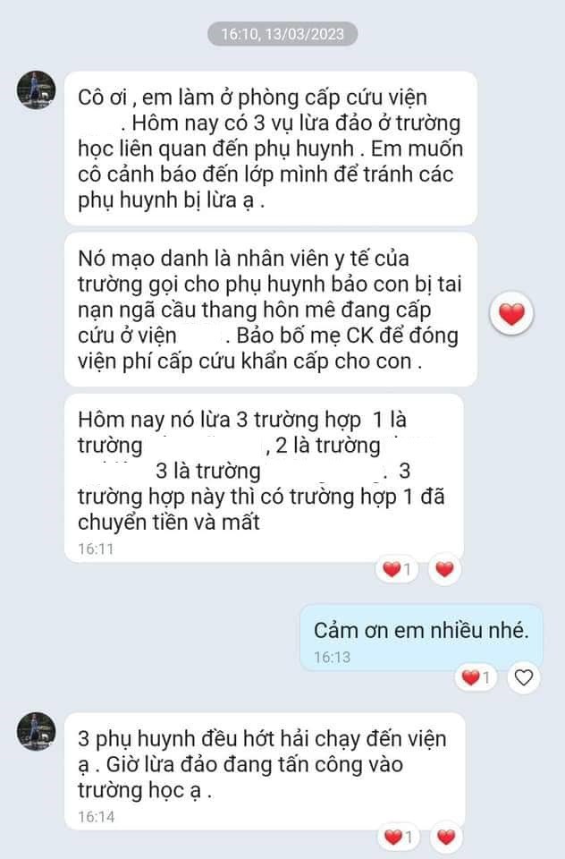 Một phụ huynh làm việc tại bệnh viện ở Hà Nội cảnh báo về việc một ngày có 3 vụ lừa đảo con bị tai nạn đang cấp cứu ở viện, trong đó có 1 trường hợp đã chuyển khoản cho kẻ xấu.
