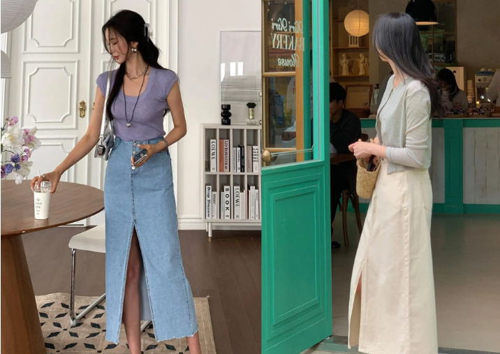 Đối với chân váy xẻ tà, bạn nên sơ vin hoặc kết hợp với áo dáng lửng, những cách mặc này có thể giúp bạn ghi điểm phong cách tối đa.