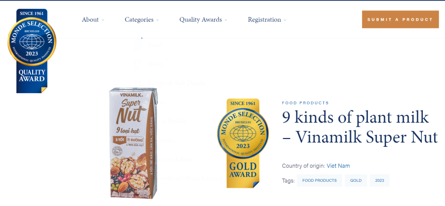 Sữa 9 Loại hạt Vinamilk Super Nut được vinh danh Giải Vàng theo Monde Selection