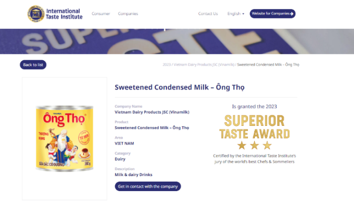 Ông Thọ là một trong 2 sản phẩm sữa đầu tiên của Việt Nam nhận xếp hạng 3 sao – mức cao nhất của giải thưởng danh giá Superior Taste Award.