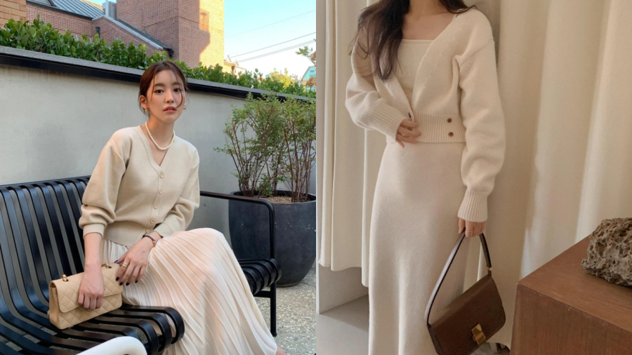 Cardigan kết hợp với các loại váy dài vừa mang lại sự ấm áp trong tiết trời hơi se lạnh, vừa mang đến sự dịu dàng, nữ tính cho người mặc.
