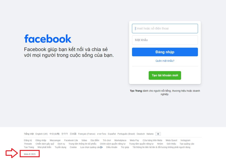 Công ty của Facebook hiện tại đã đổi tên thành Meta. Phía chân trang cũng sẽ đề tên là Meta chứ không còn là Facebook Inc.