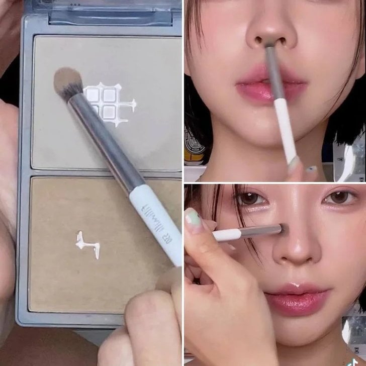 Các nàng có thể chọn một màu tối và một màu nhạt hơn 1 tông so với da tự nhiên. Bước đầu tiên là trộn hai màu này bằng cọ và thoa đầu cọ lên mu bàn tay trước khi thoa lên mũi. Bắt đầu bằng cách thoa đường viền bên dưới mũi và sống mũi bên dưới trước.    